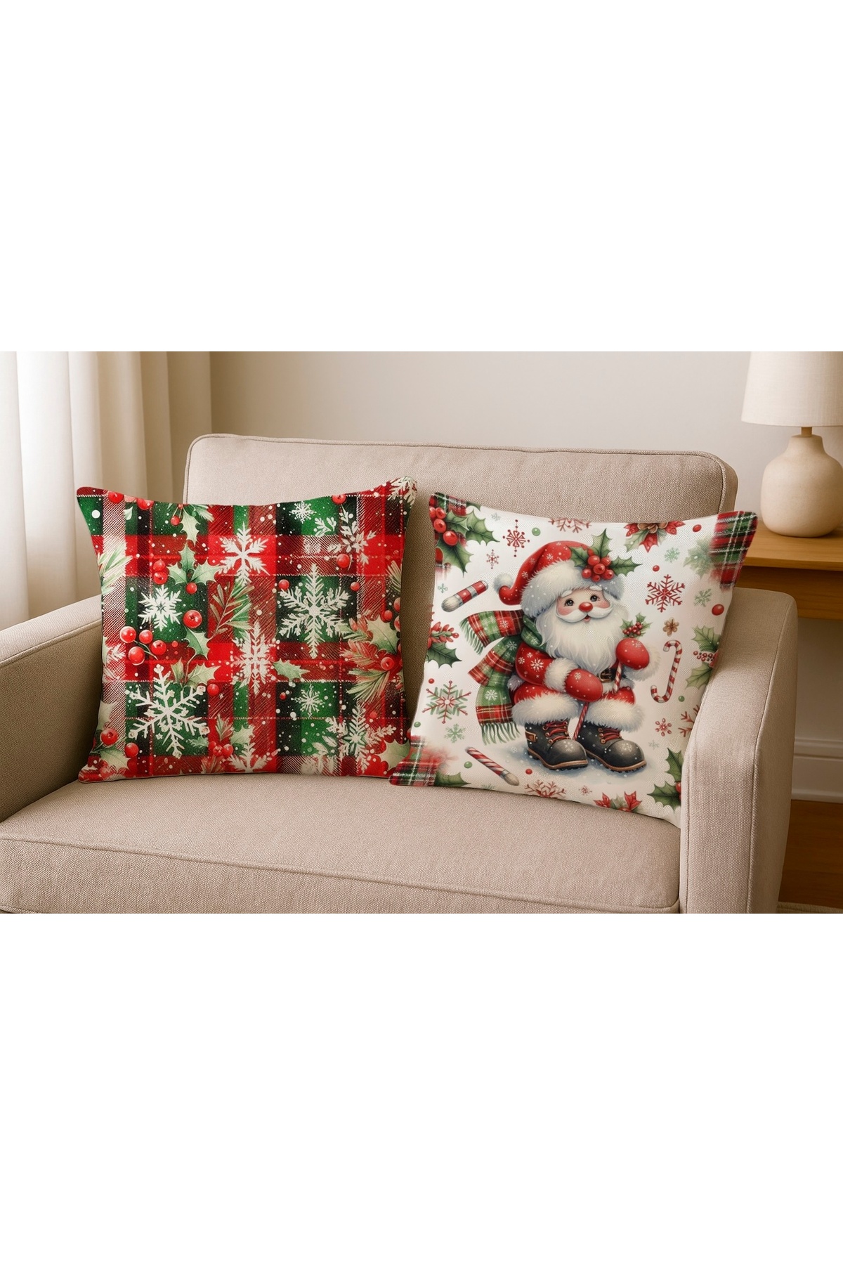 Digital Baskılı Noel Desenli Dekoratif Kırlent Kılıfı 2' li Set