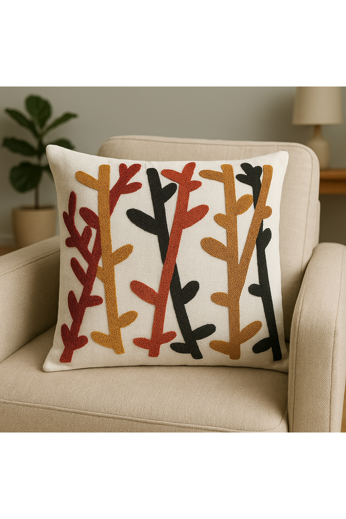 Punch Nakışlı Keten Bohem Desenli Kırlent Kılıfı - 43*43 cm -