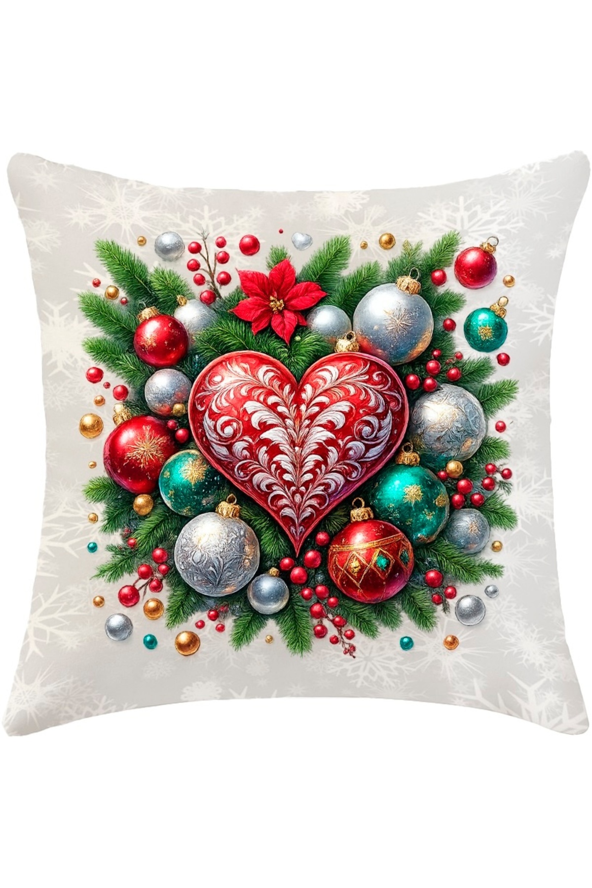 Dijital Baskılı Yılbaşı Kalp ve Noel Topları Dekoratif Kırlent Kılıfı