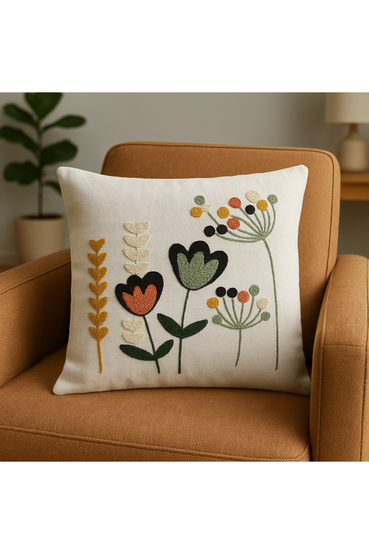 Punch Nakışlı Keten Renkli Çiçek Desenli Kırlent Kılıfı - 43*43 cm -