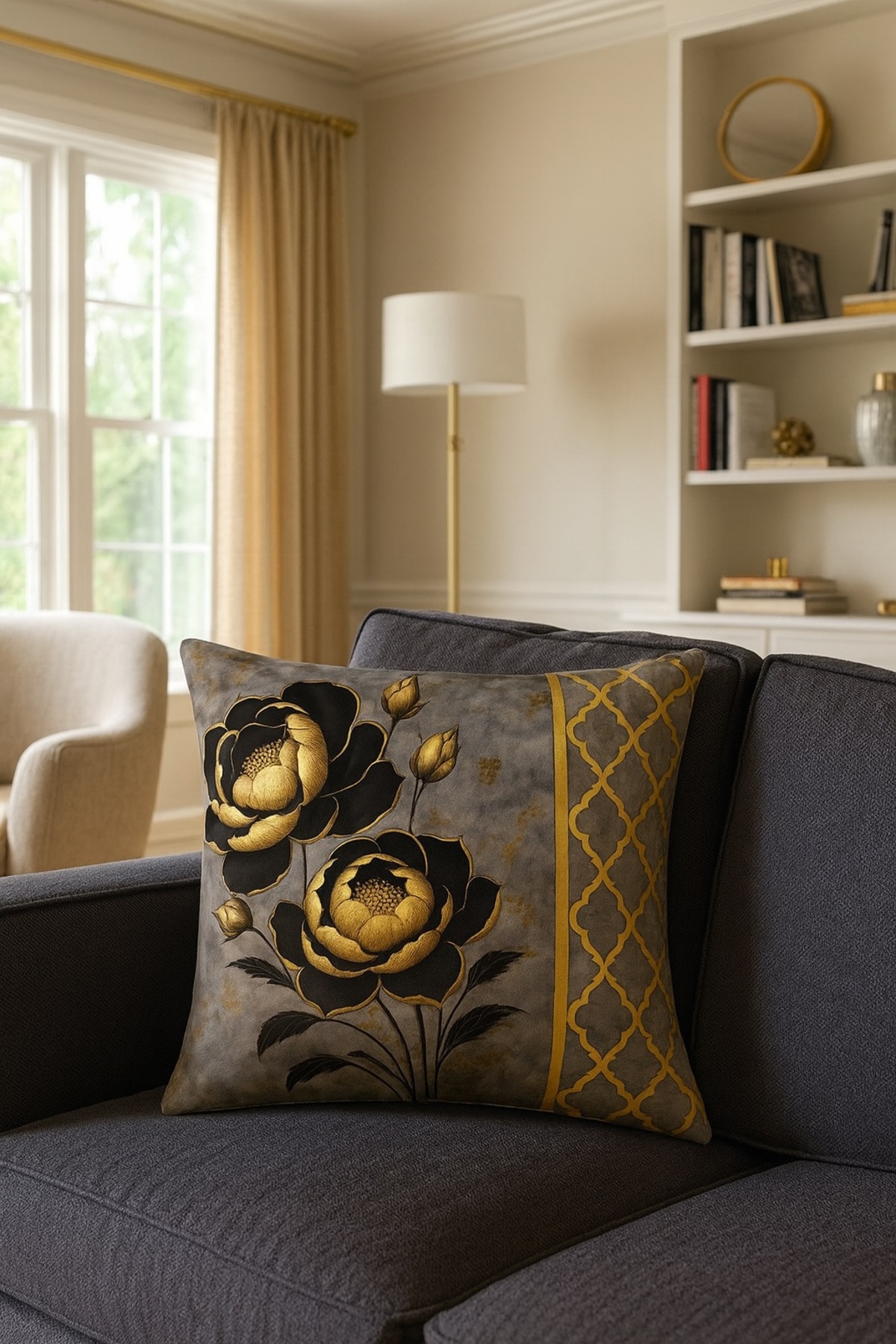 Floral Digital Baskı Desenli Lazer Kesim Deri Detaylı Kırlent Kılıfı