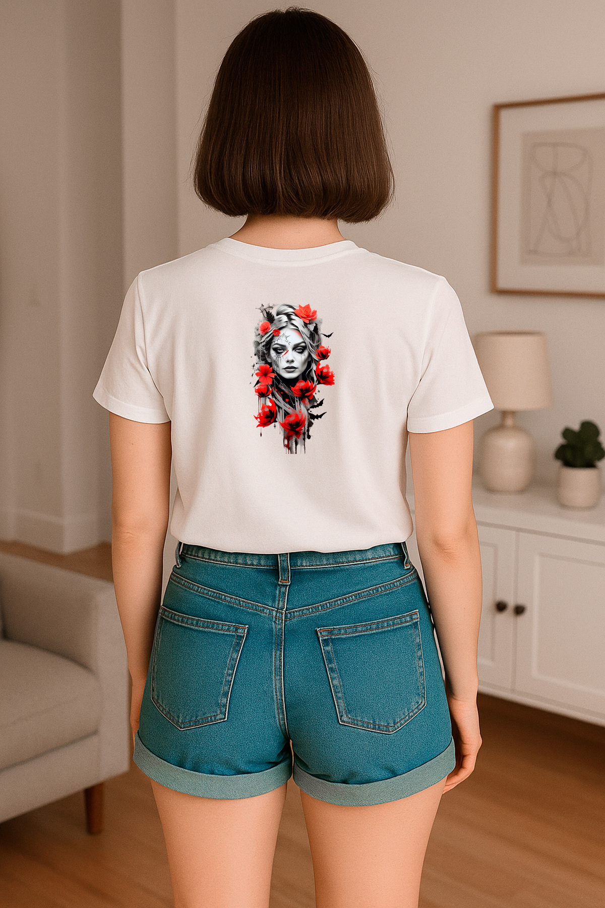 Kadın Sanatsal Çizim Portre Baskılı Beyaz Tişört Relaxed Fit – HUBERY