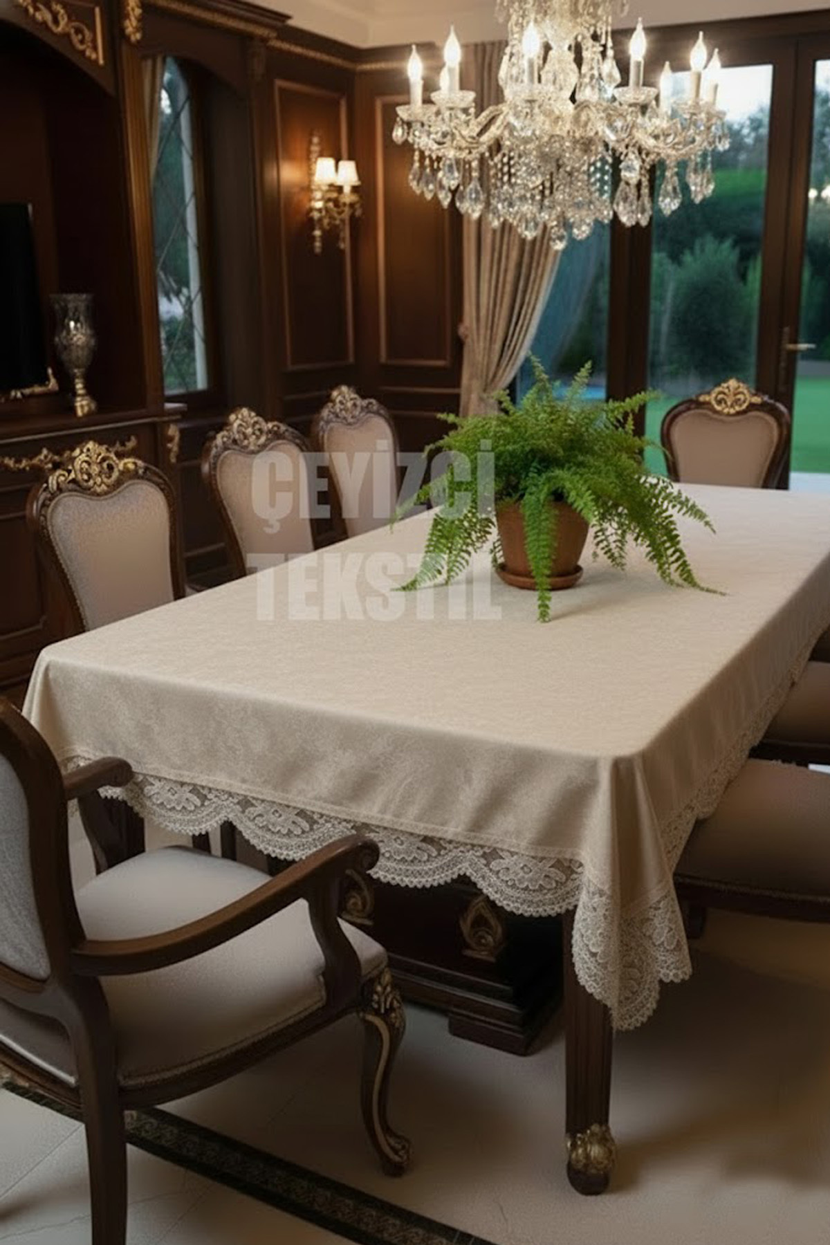 Kadife Tek Masa Örtüsü 160x220cm | Dantelli Yemek Masası Örtüsü 160x220cm Tek Masa