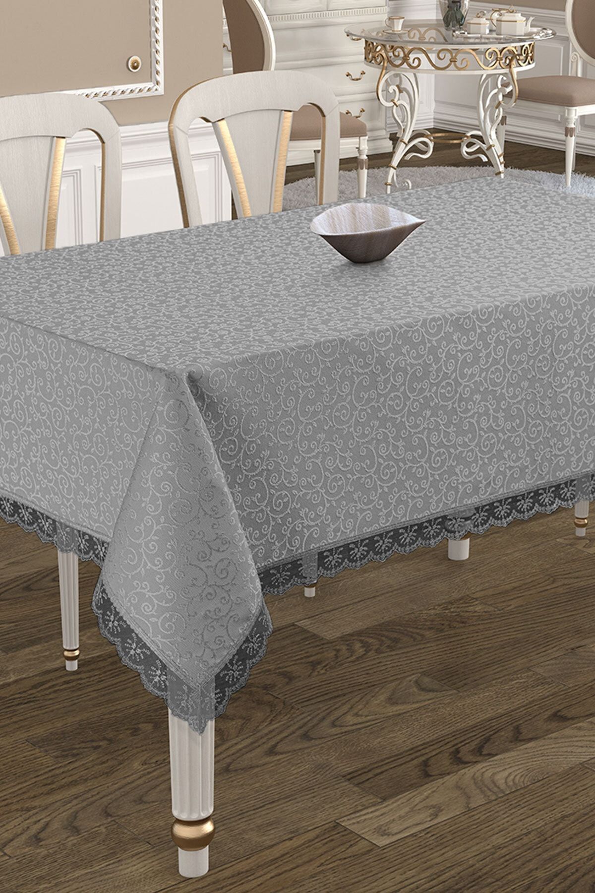 Fransız Güpürlü Leke Tutmaz Tek Masa Örtüsü 160x220cm - Gri Tablecloth