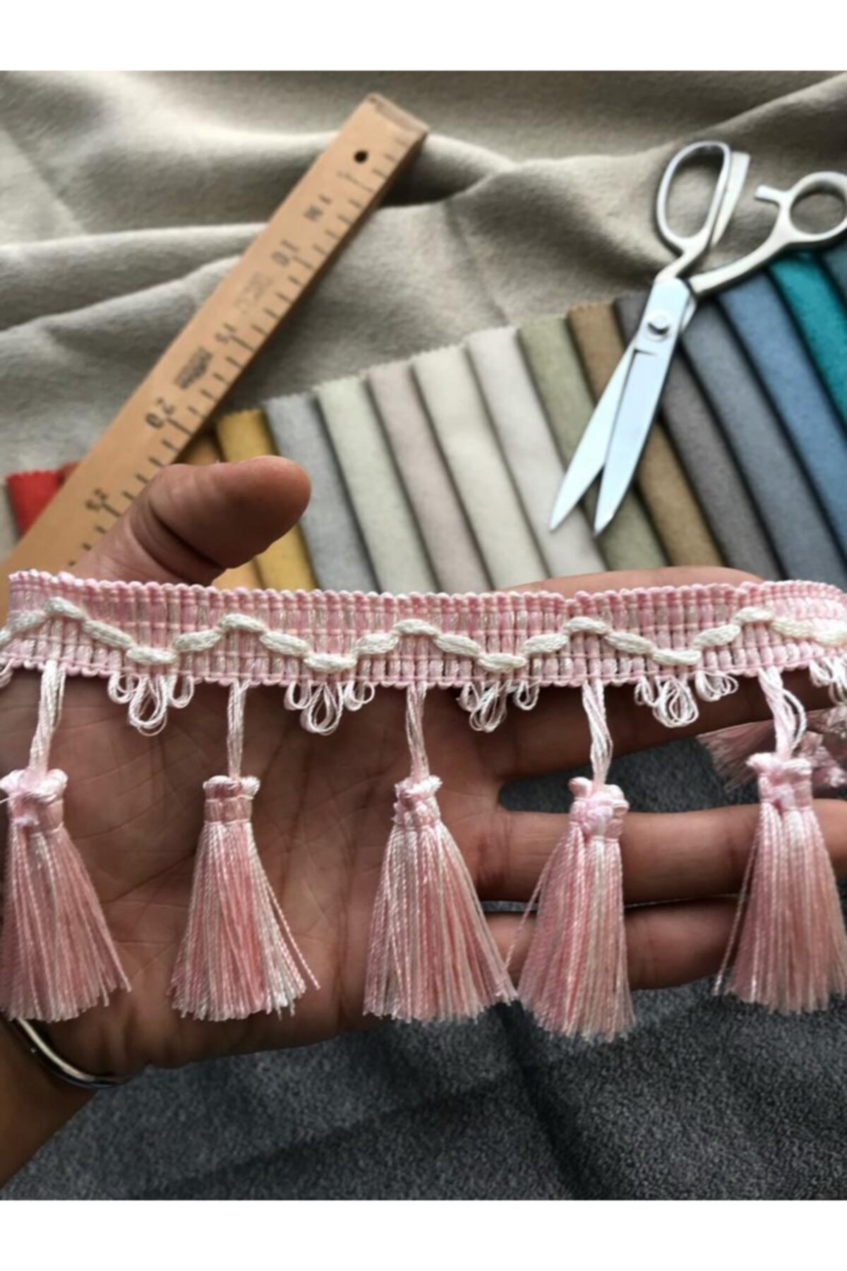 Pembe Renk Perde Püskülü Makine Saçak