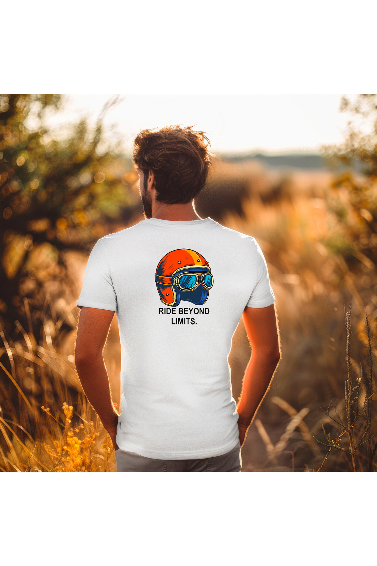 Erkek Relaxed Fit Tişört Motosiklet Kask Baskılı –