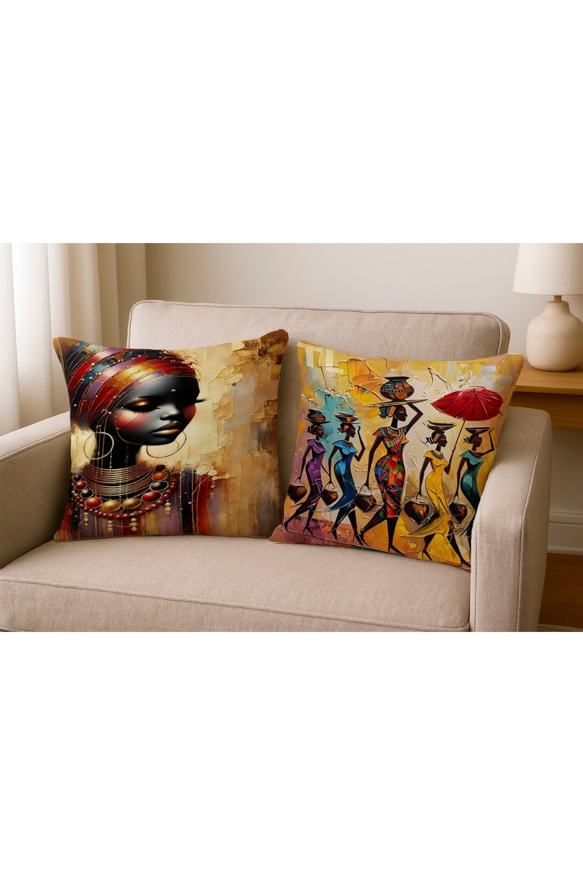 Afrikalı Kadın Portre Dijital Baskılı Kırlent Kılıfı 43x43 cm (African Woman Cushion Cover)