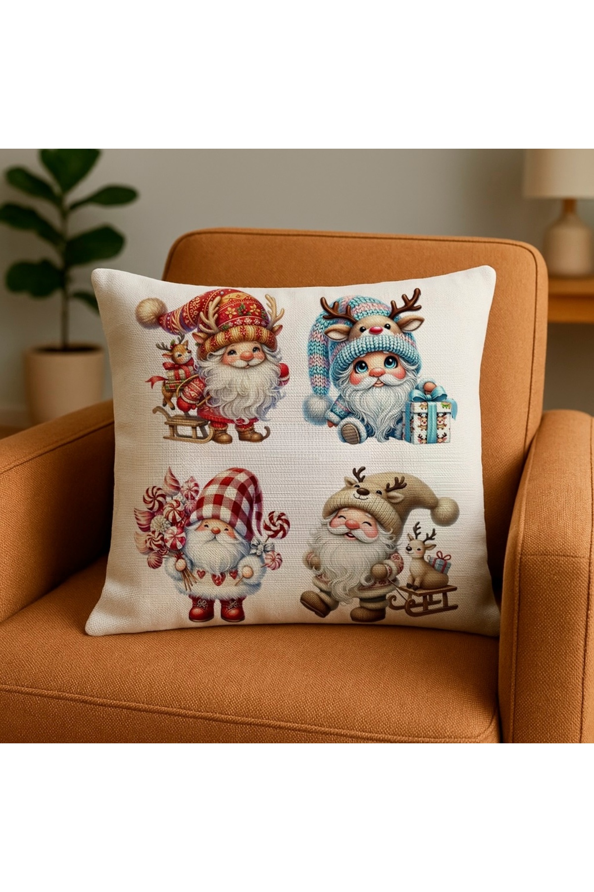 Sevimli Noel Cüceleri Desenli Dijital Baskılı Kırlent Kılıfı 43x43 cm (Cute Christmas Gnome Cushion)