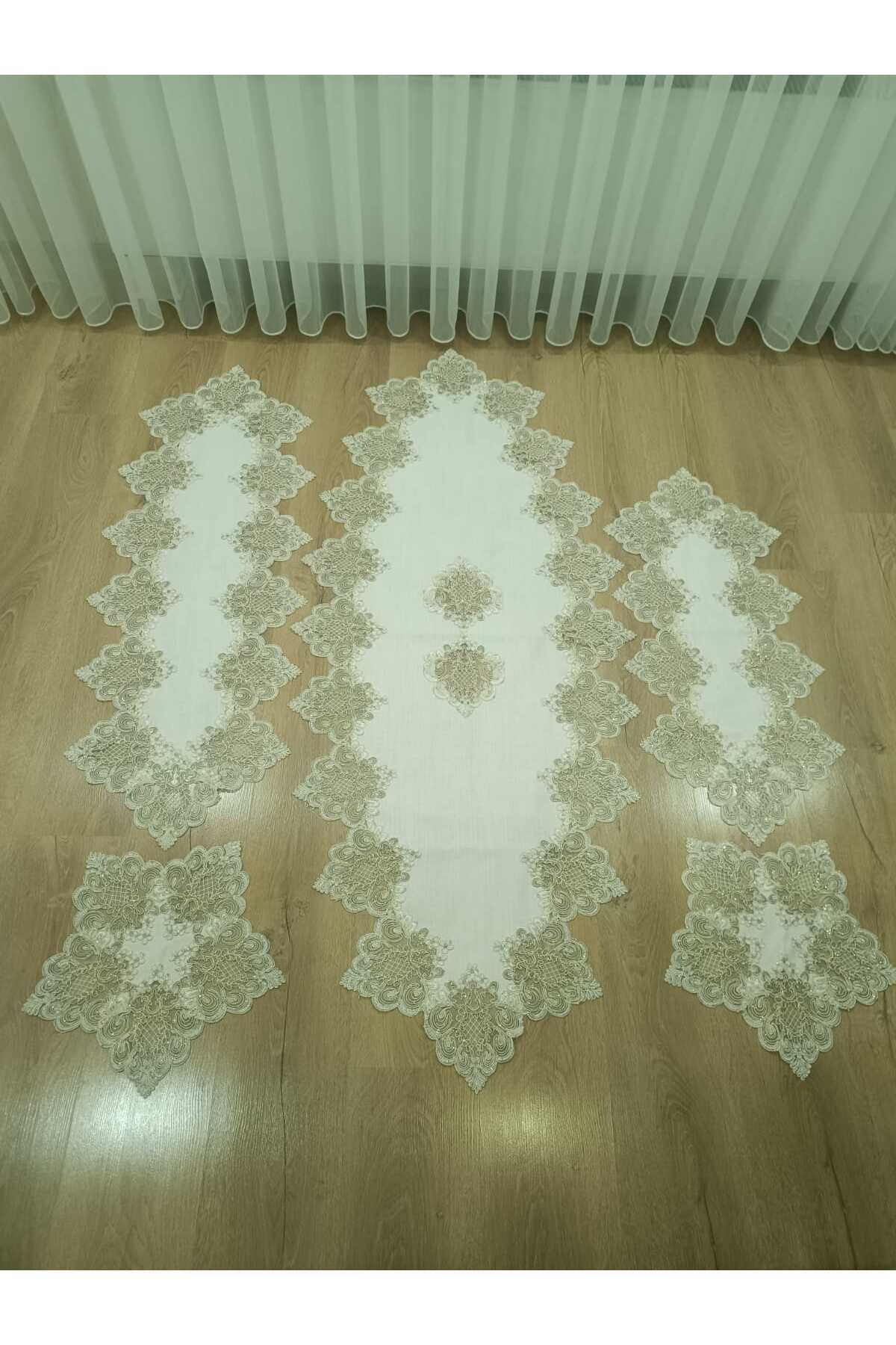 Salon Takımı 5 Parça Dantelli Masa Örtüsü Runner Seti Kadife