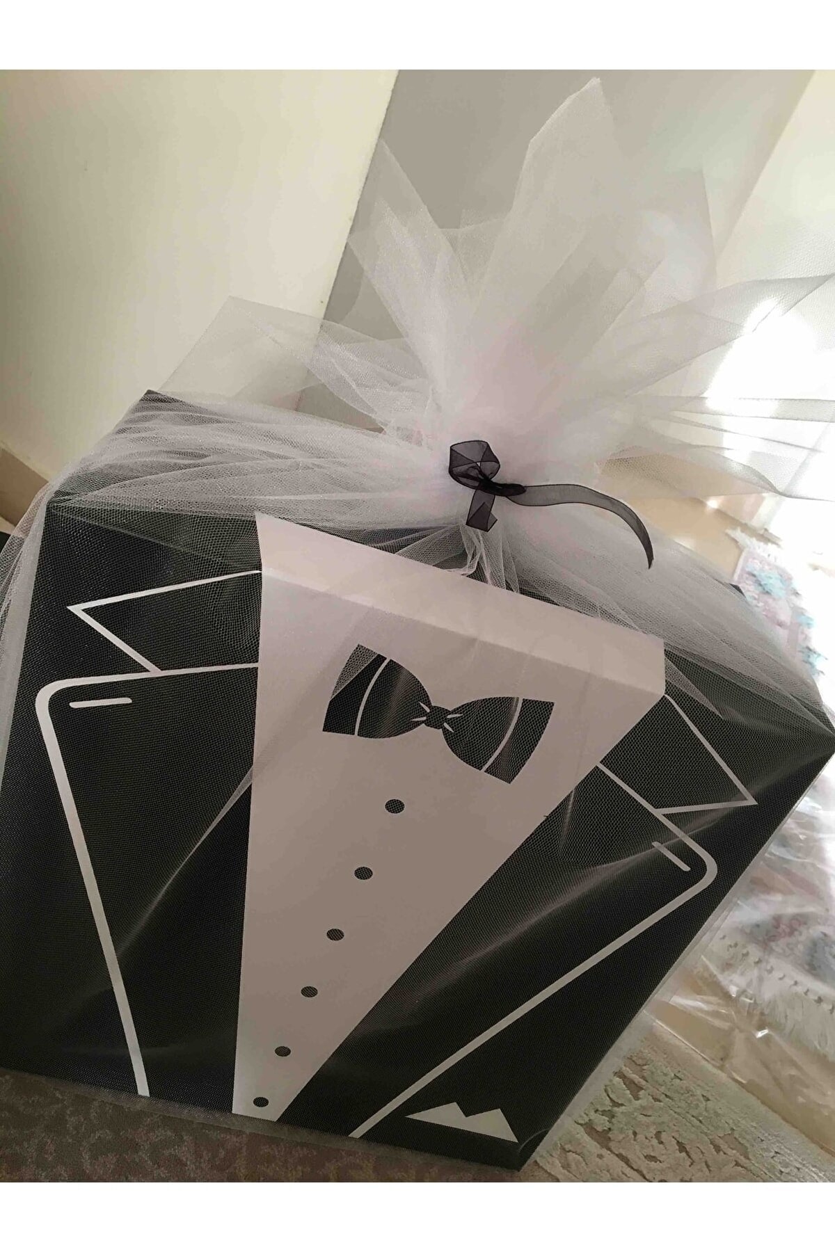 Damat Kutusu Smokin Model 3'lü Damat Bohçası Hediyeli Süsleme Tülü