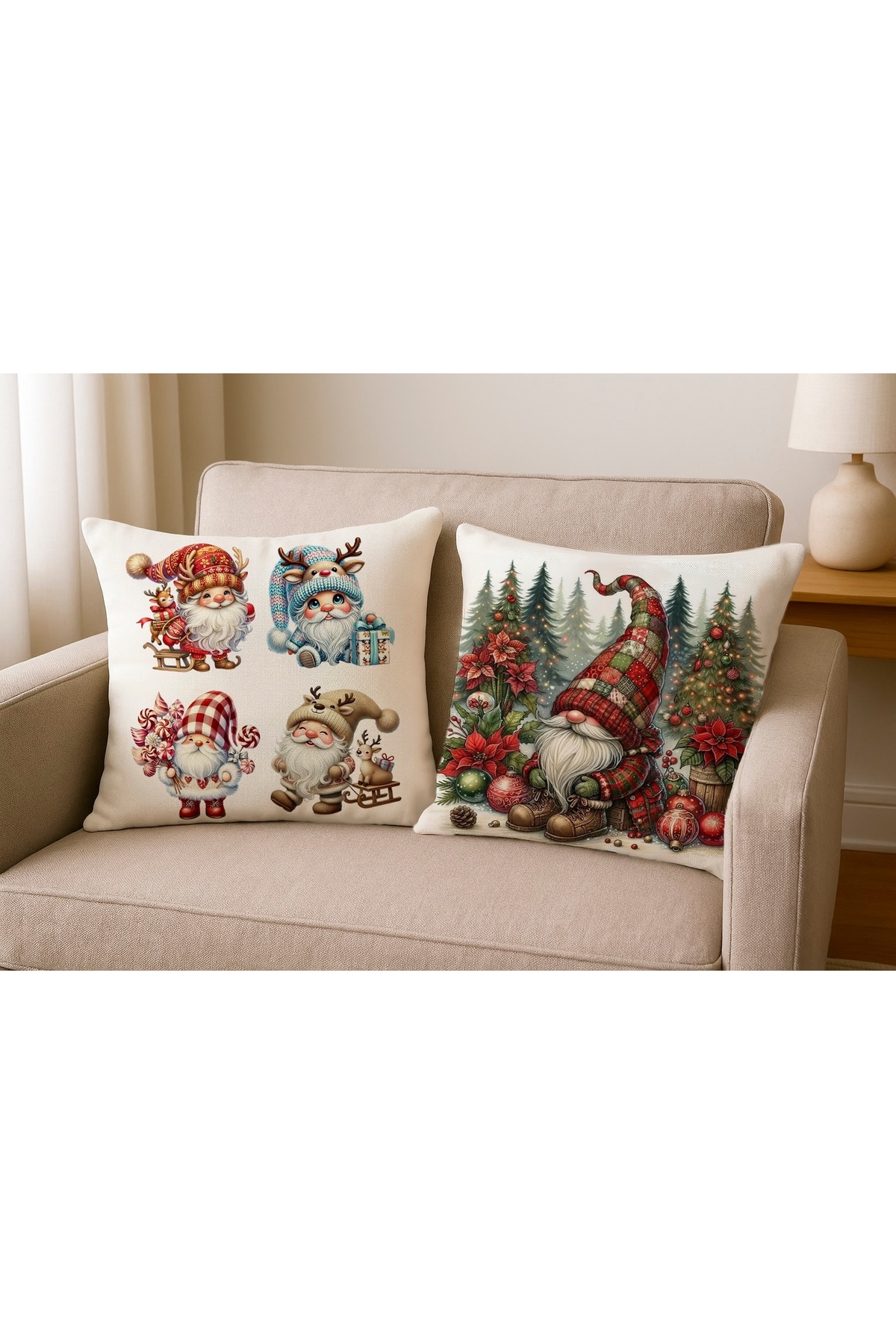 Sevimli Noel Cüceleri Desenli Dijital Baskılı Kırlent Kılıfı 43x43 cm (Cute Christmas Gnome Cushion)