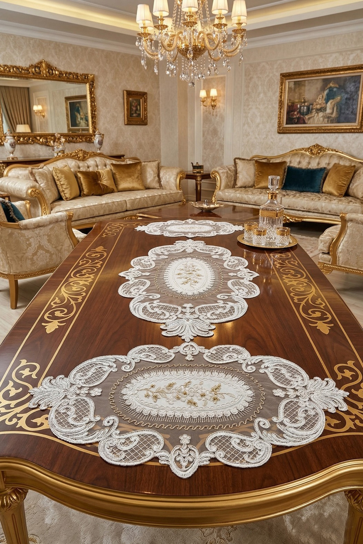 Salon Oda Takımı Dantelli Runner Set Üç Parça