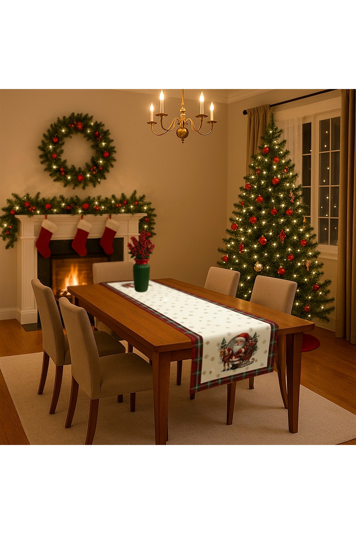 Dijital Baskılı Noel Baba ve Ekose Desenli Yılbaşı Dekoratif Masa Runner