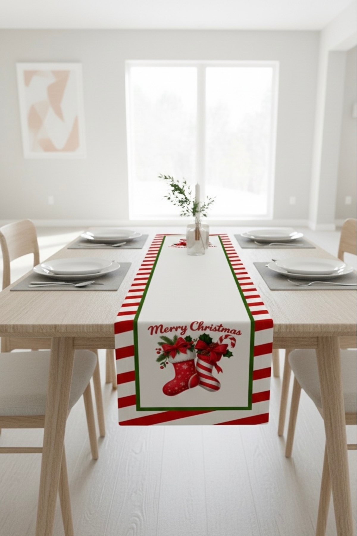 Digital Baskılı Merry Christmas Çorap Desenli Yılbaşı Temalı Dekoratif Masa Runner