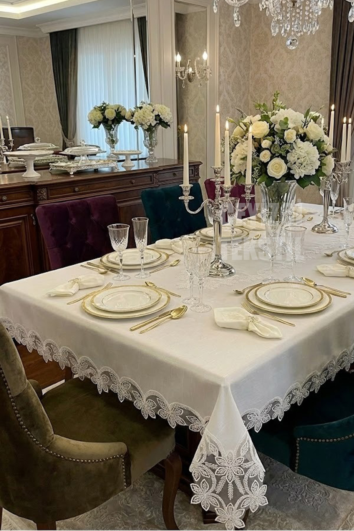 Masa Örtüsü Yemek Takımı 12 Kişilik 26 Parça Fransız Dantelli – Ekru