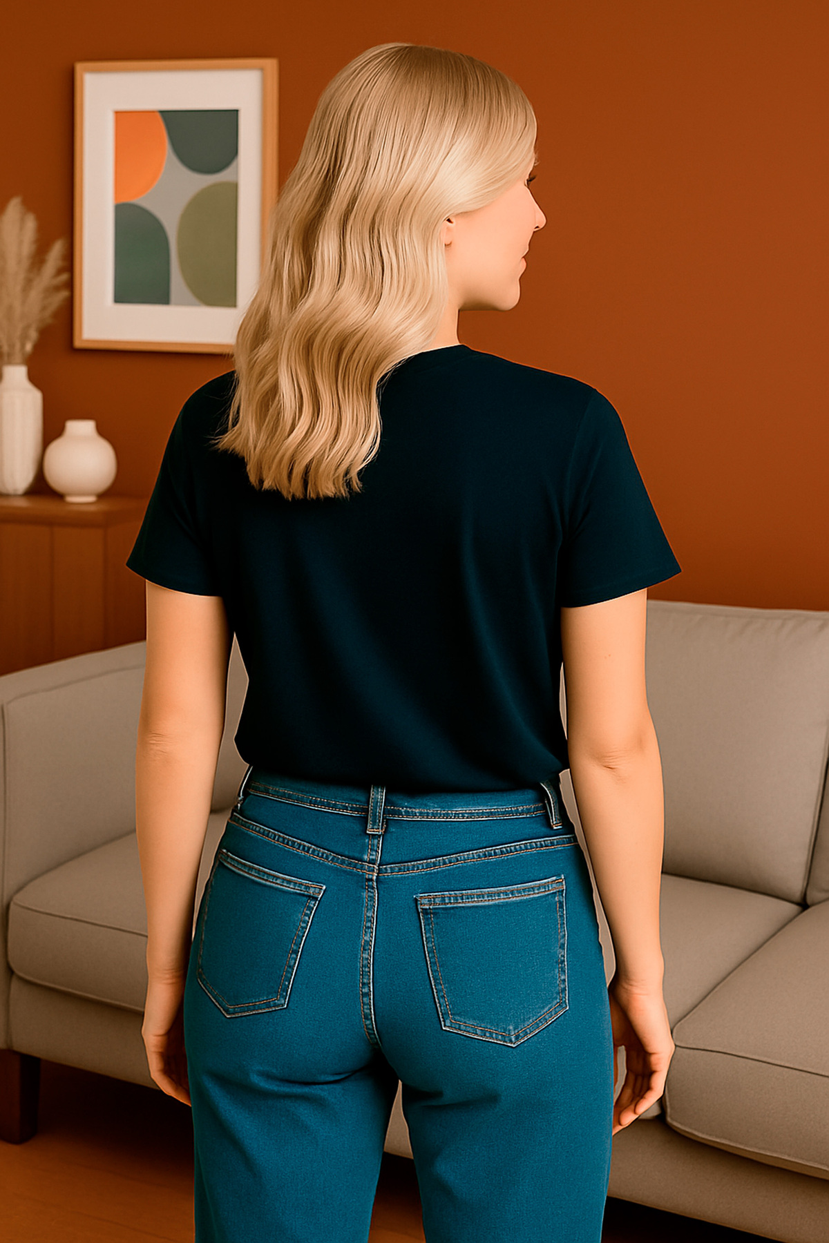 Kadın Lacivert Tişört LOVE Yazılı Gül Desenli Relaxed Fit – HUBERY