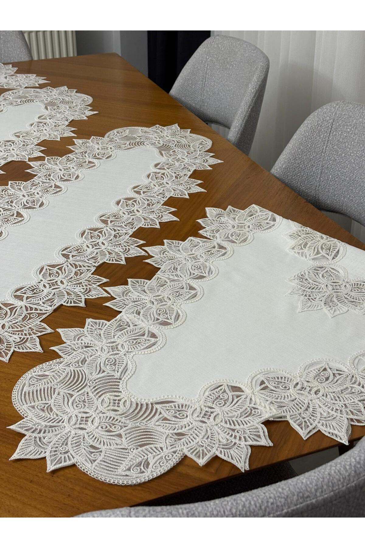 Salon Takımı 5 Parça Dantelli Masa Örtüsü Runner Seti