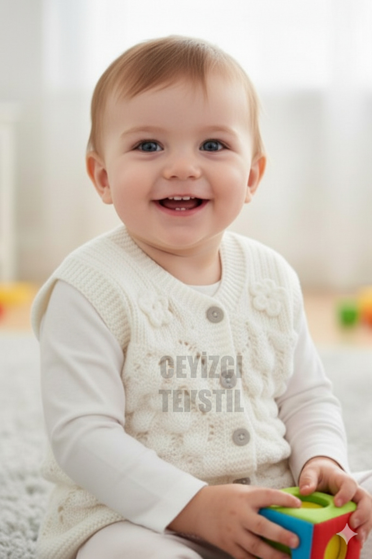 Bebek Yeleği Triko Bebek Yeleği Papatya Desenli Bebe Yeleği Beyaz