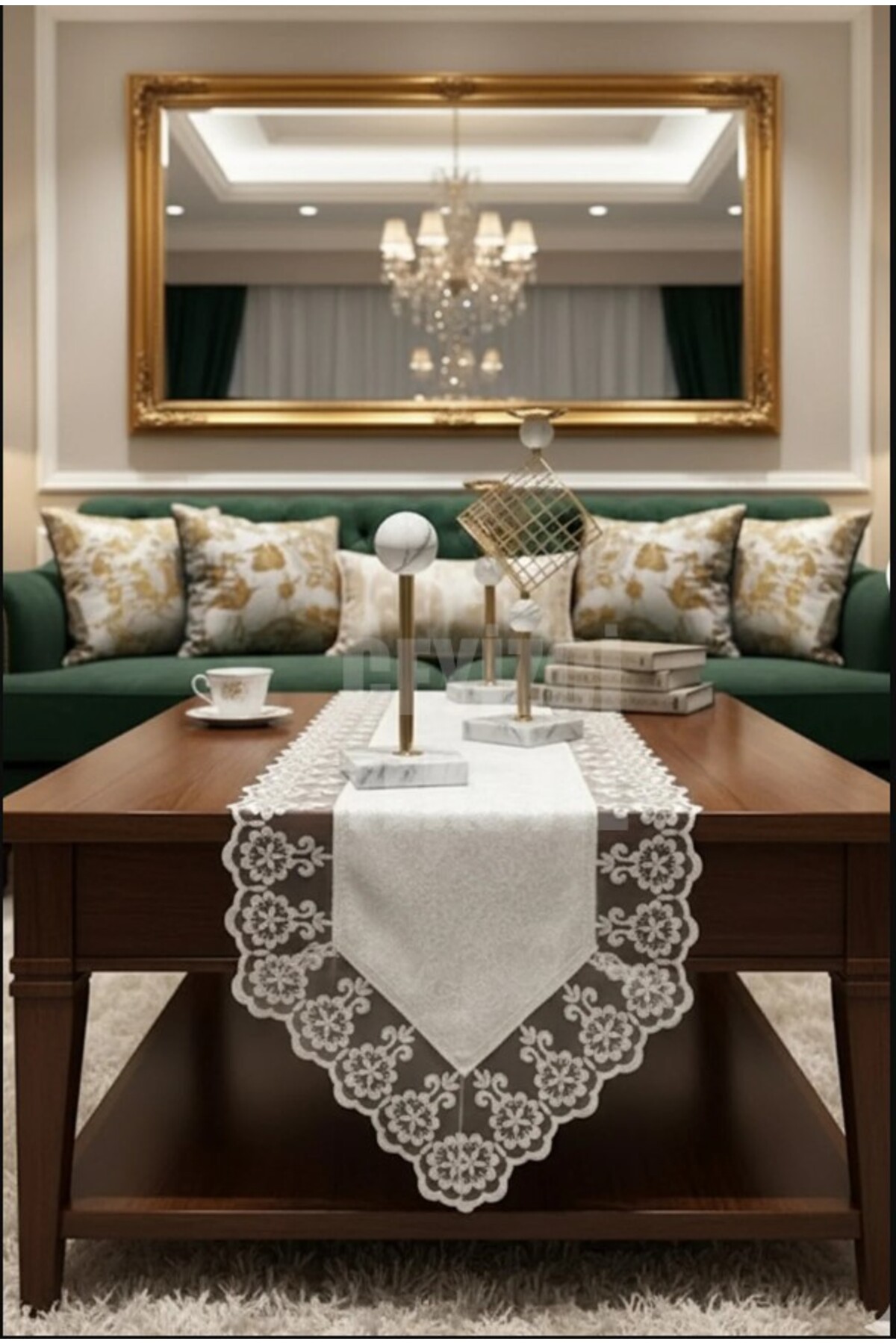 Kadife Dantel Detaylı Runner 140x40cm Krem