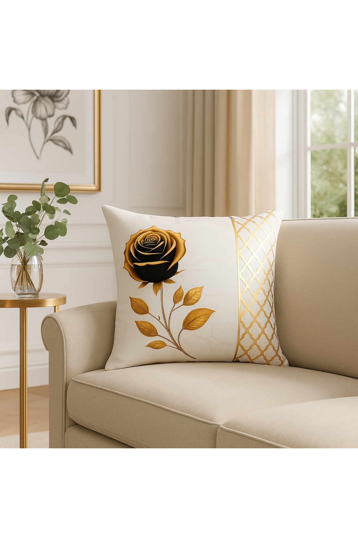 Digital Baskılı Gold Çiçek Desenli Lazer Deri Detaylı Dekoratif Kırlent Kılıfı