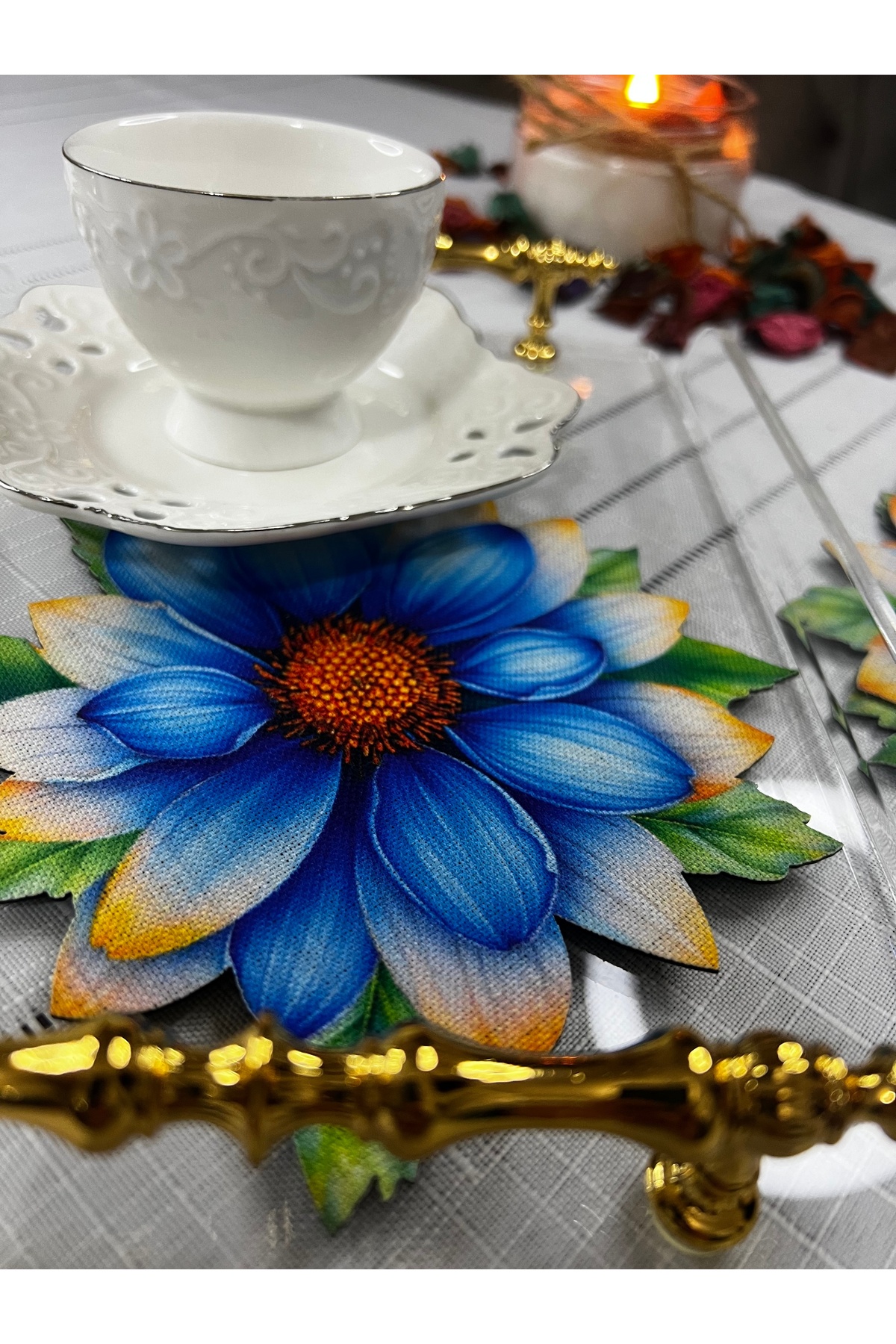 Mavi Gazania Tasarımlı 3D Digital Baskılı Lazer kesim Kokteyl & Kahve Sunum Peçetesi 6 Adet