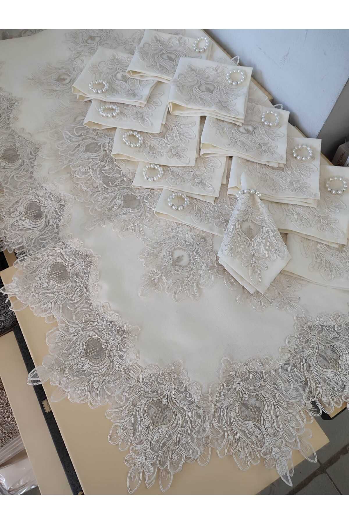 Masa Örtüsü Takımı 26 Parça Lüks 12 Kişilik Masa Örtüsü Seti Krem