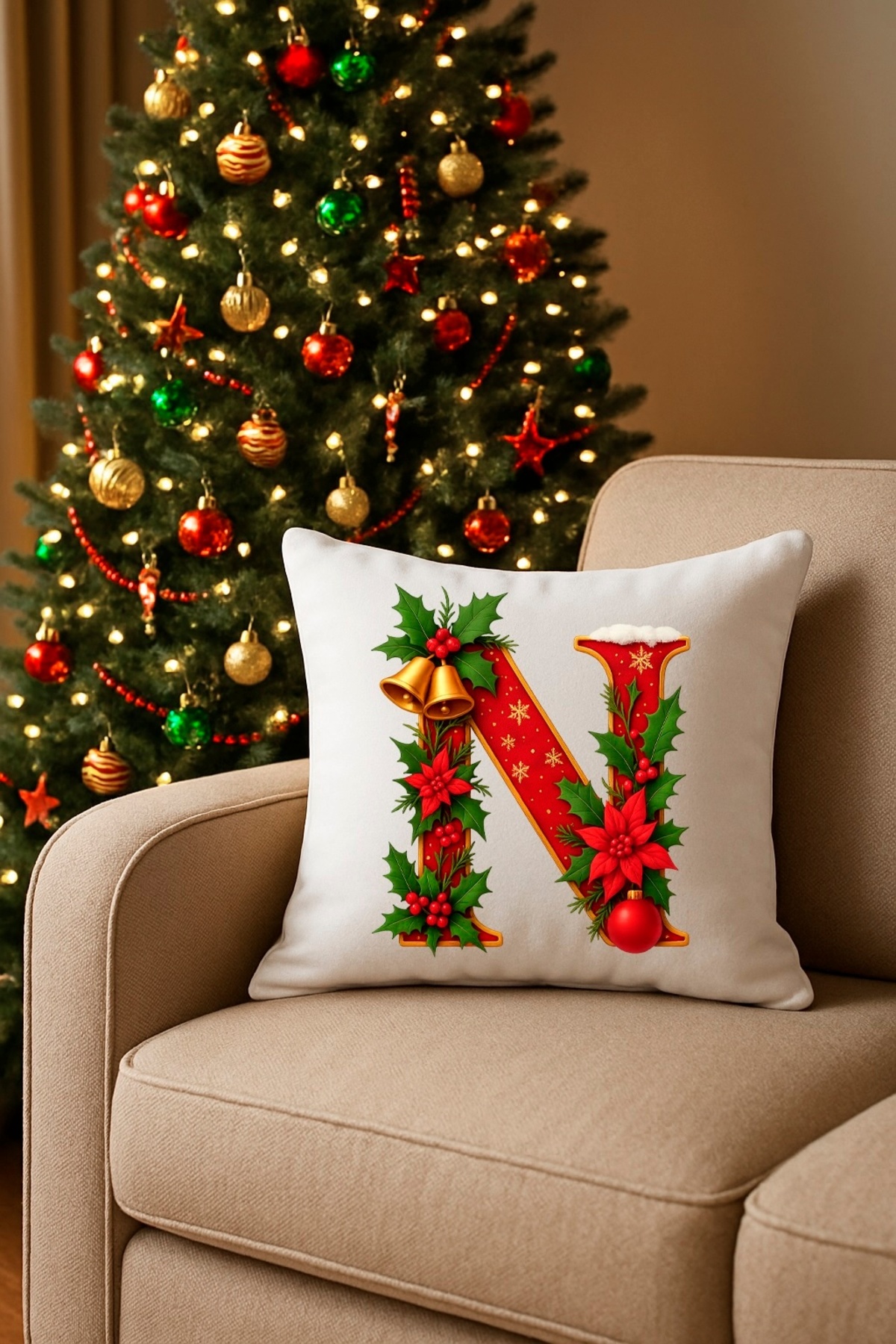 Digital Baskılı Kırmızı N Harfi Yılbaşı Çam Süslemeli Dekoratif Kırlent Kılıfı