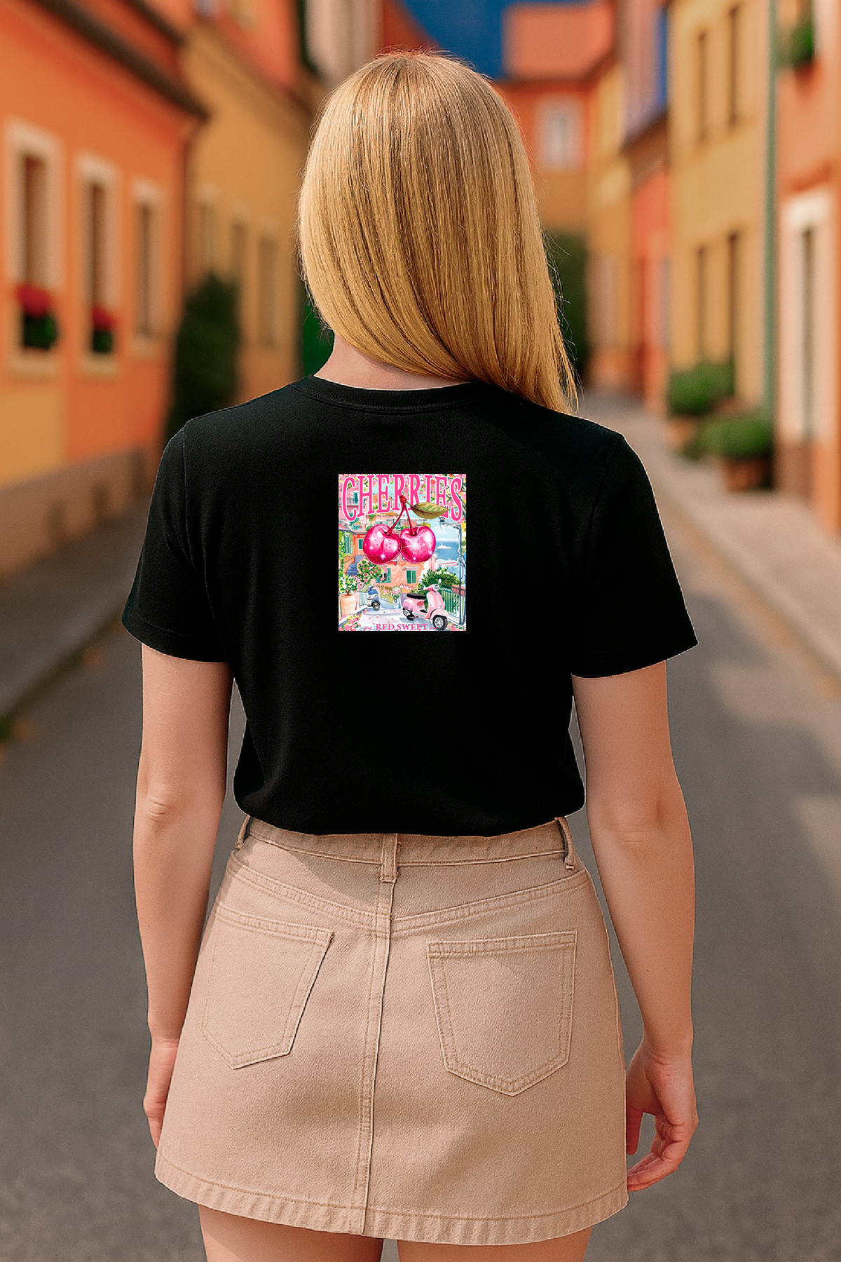 Kadın Siyah Tişört Kiraz Desenli Relaxed Fit – HUBERY