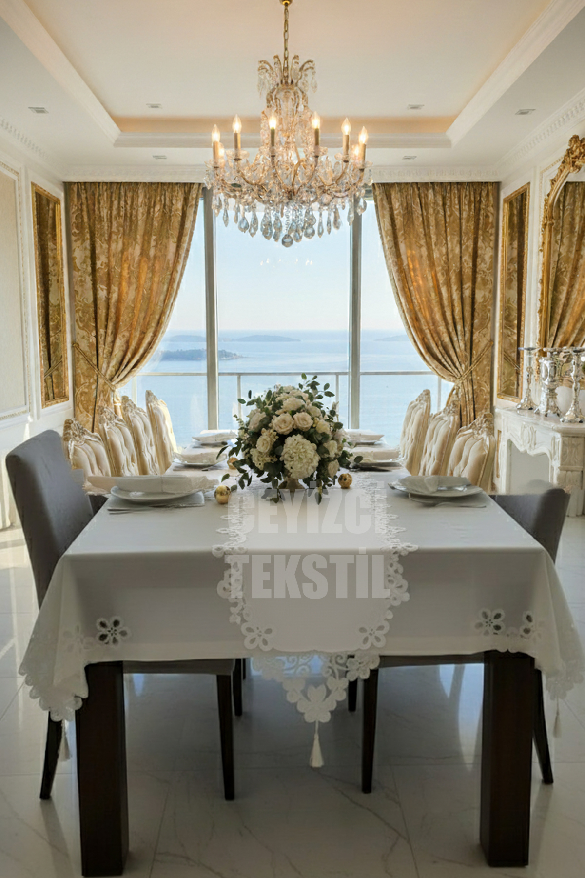 Masa Örtüsü Yemek Takımı 12 Kişilik 26 Parça Fransız Dantelli – Ekru