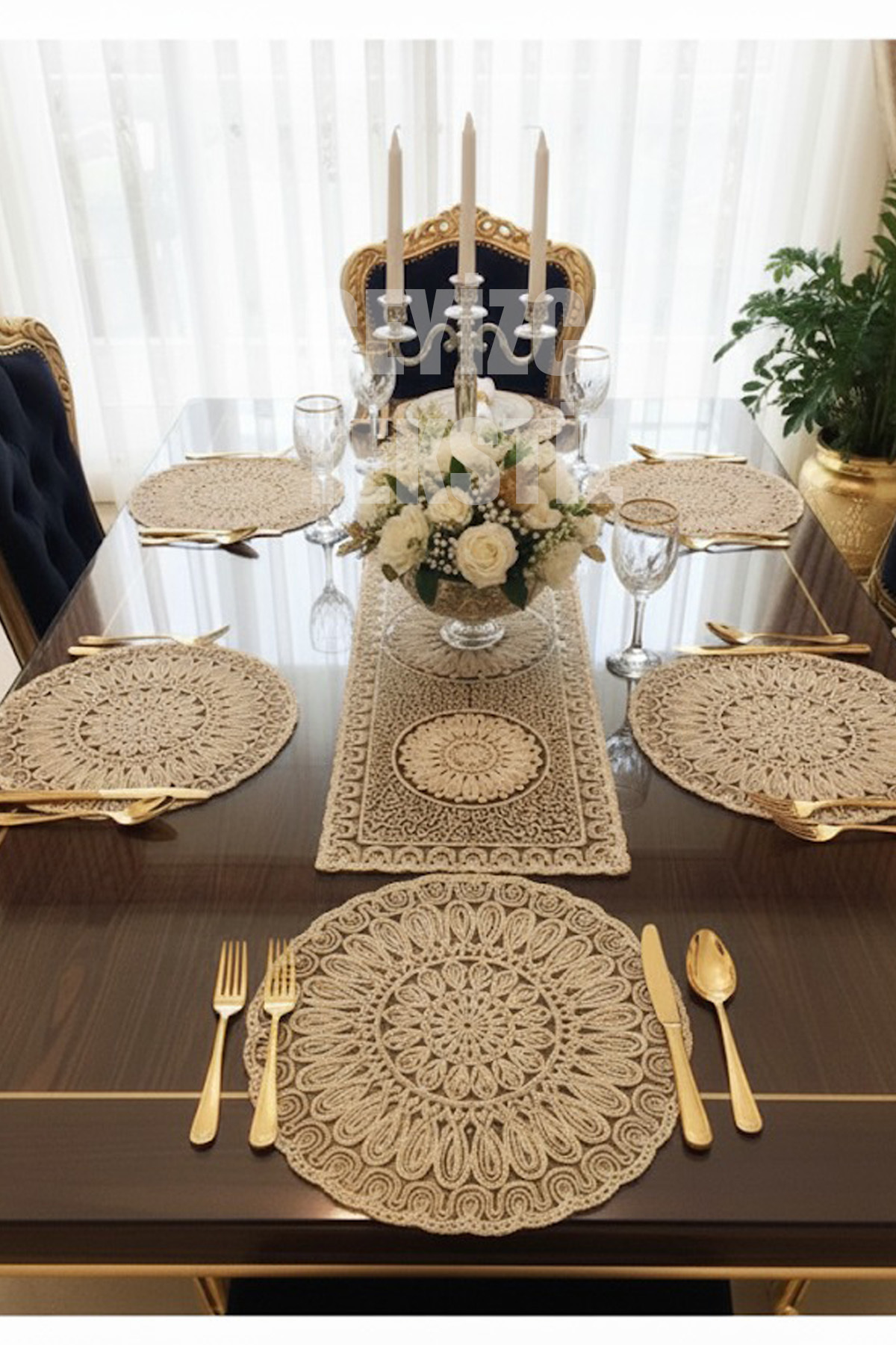Fransız Dantelli Runner Ve Supla Takımı (1 Runner, 6 Supla) Kahve
