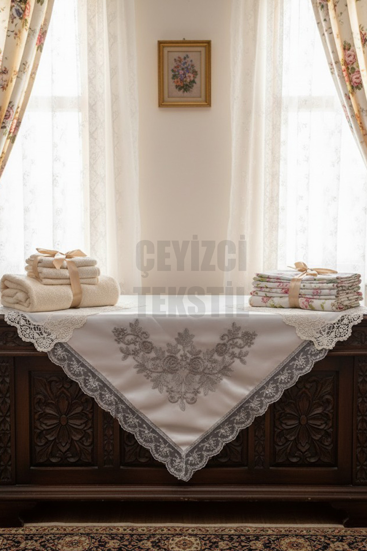 Fransız Güpürlü Işlemeli, Çeyizlik Saten Lüks Bohça, Nişan Bohçası - Gri Kumaş , Gri Dantel