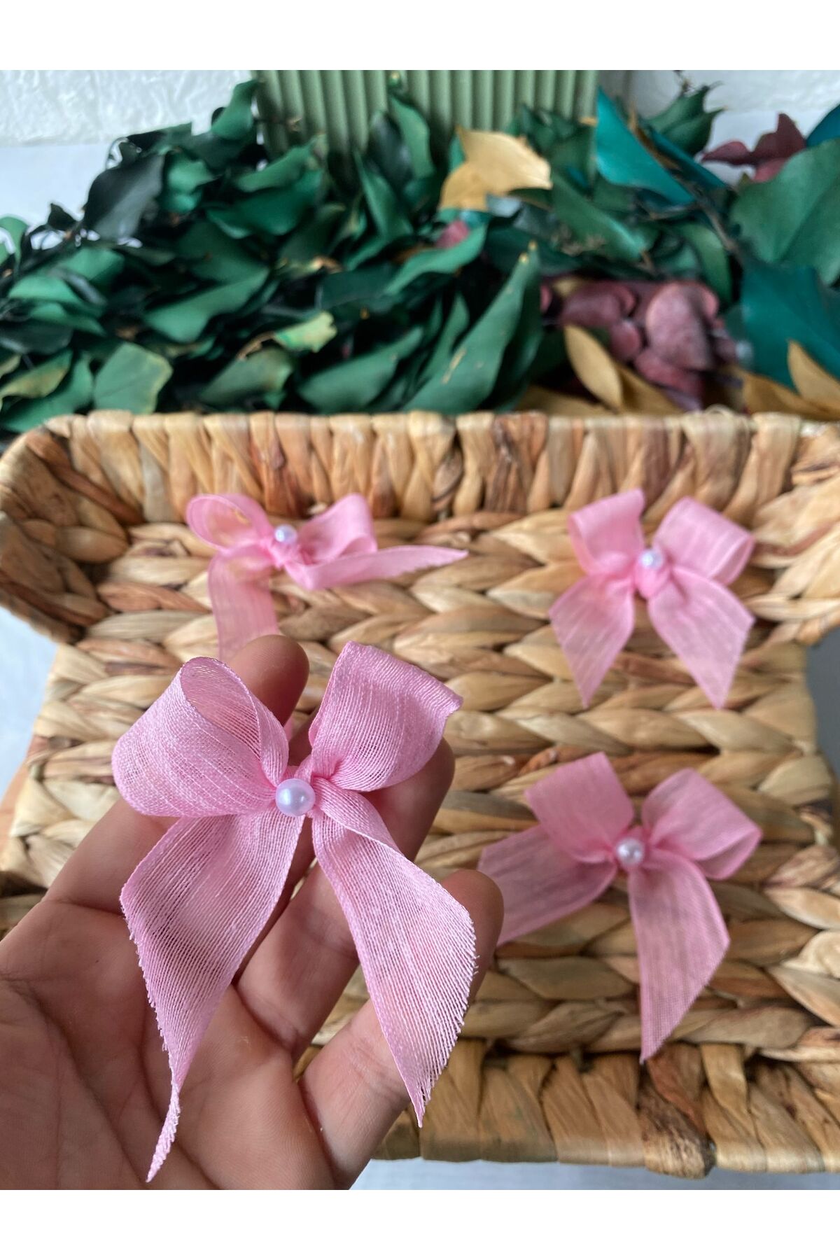 İncili Pembe Keten Kurdele Hazır Fiyonk -25 Adet