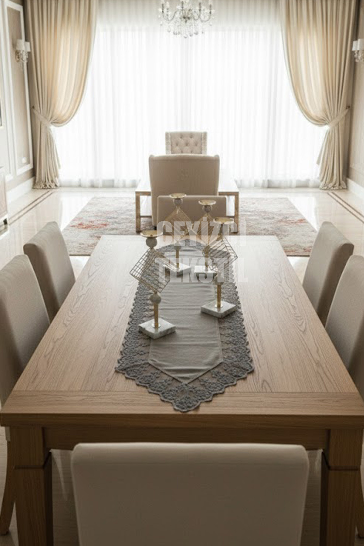 Kadife Dantel Detaylı Gri Runner (140x40cm)