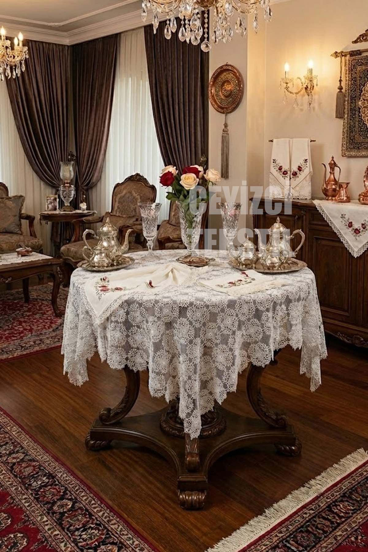 İğne Oyası Tek Masa Örtüsü Çeyizlik Dantel Masa Örtüsü Kare