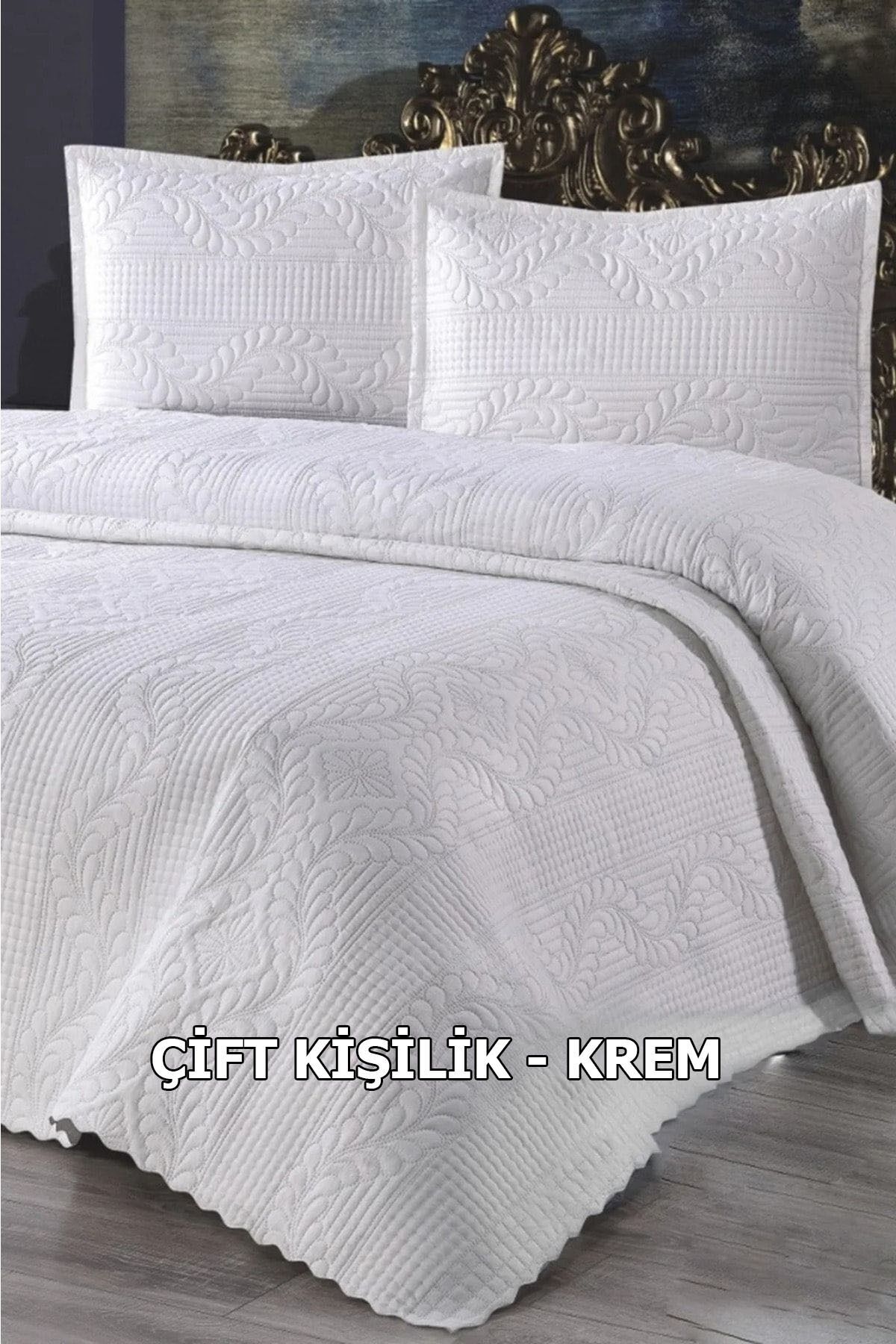 Çift Kişilik Dantelsiz Yatak örtüsü 3 Parça - Ekru Bedspread