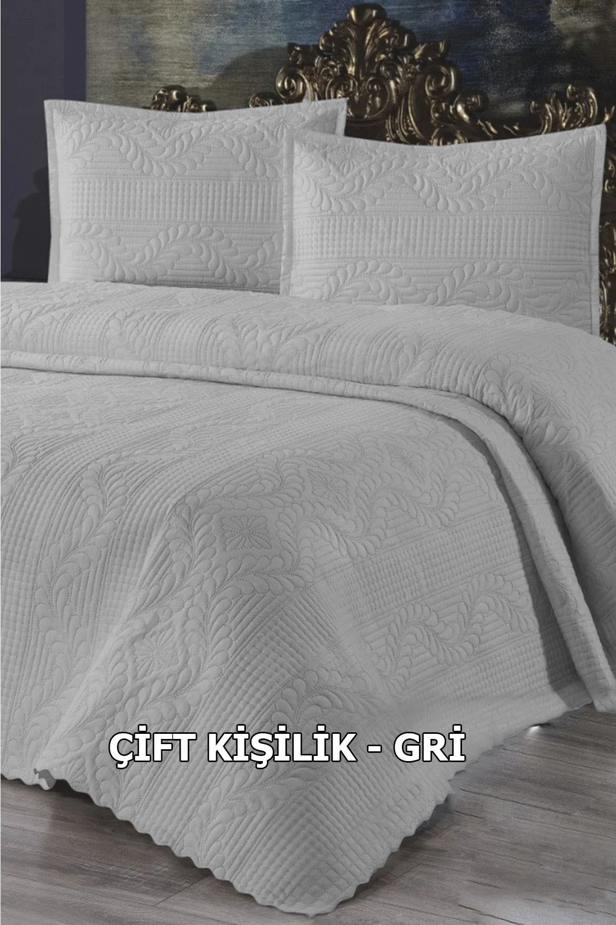 Çift Kişilik Dantelsiz Yatak örtüsü 3 Parça - Gri Bedspread