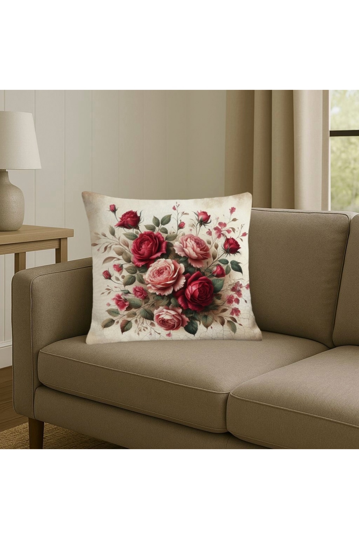 Digital Baskılı Desenli Dekoratif Kırlent Kılıfı 2'li Set / Kırmızı Güller