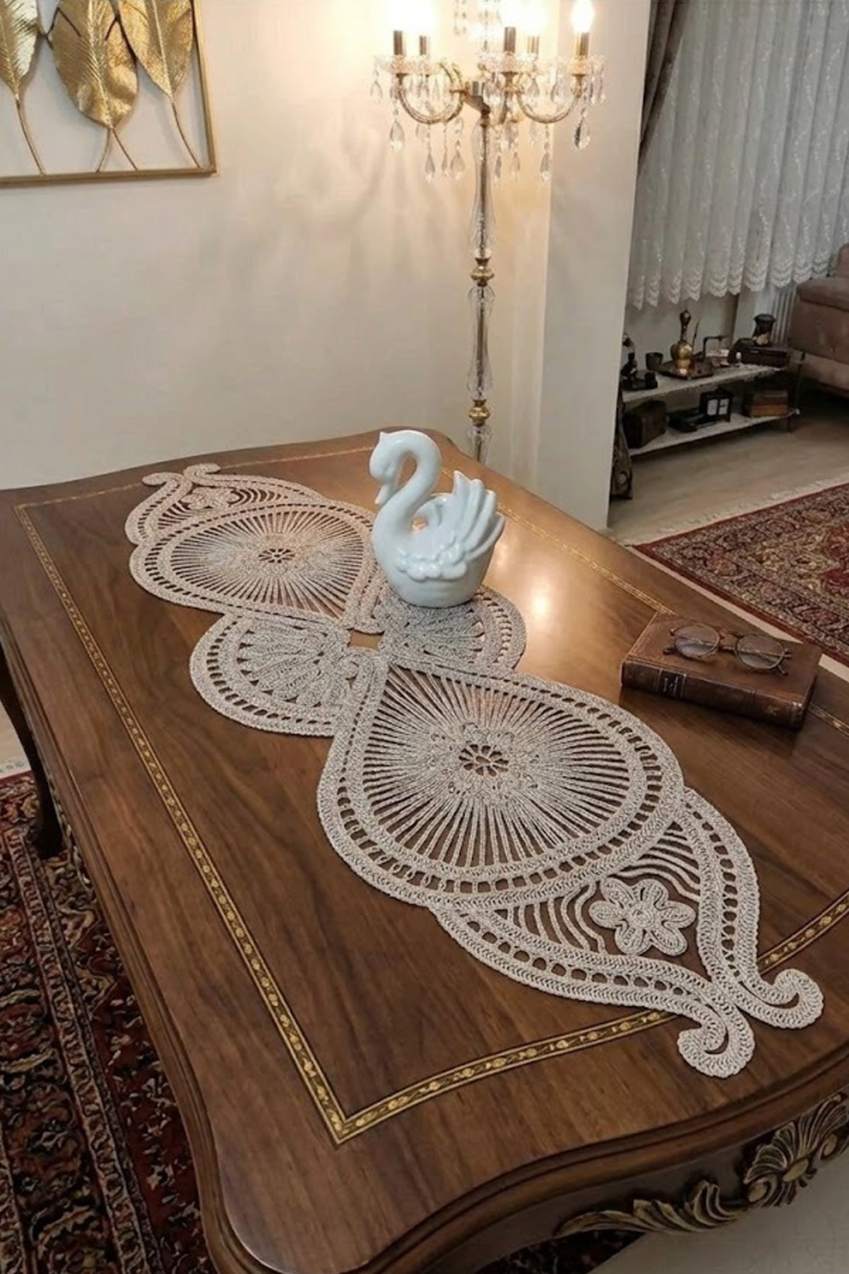 Fransız Dantel Detaylı Tek Runner, Masa Üzerine Runner, Masa Örtüsü Runneri