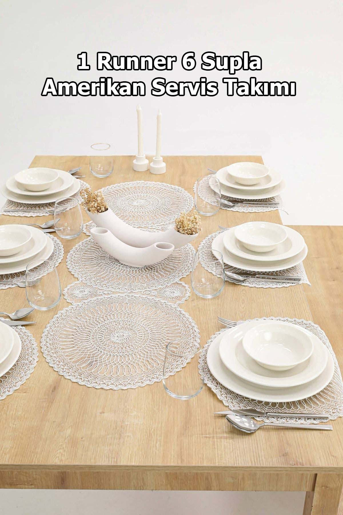 Amerikan Servis, 1 Runner 6 Supla Kahve Yemek Servis Takımı, Masa Örtüsü Seti, Servis Sunum Seti