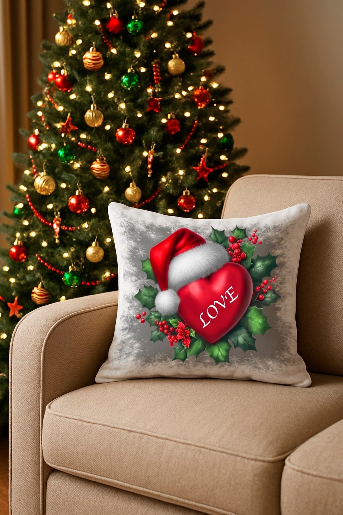 Dijital Baskılı Noel Şapkalı Love Kalp Dekoratif Kırlent Kılıfı