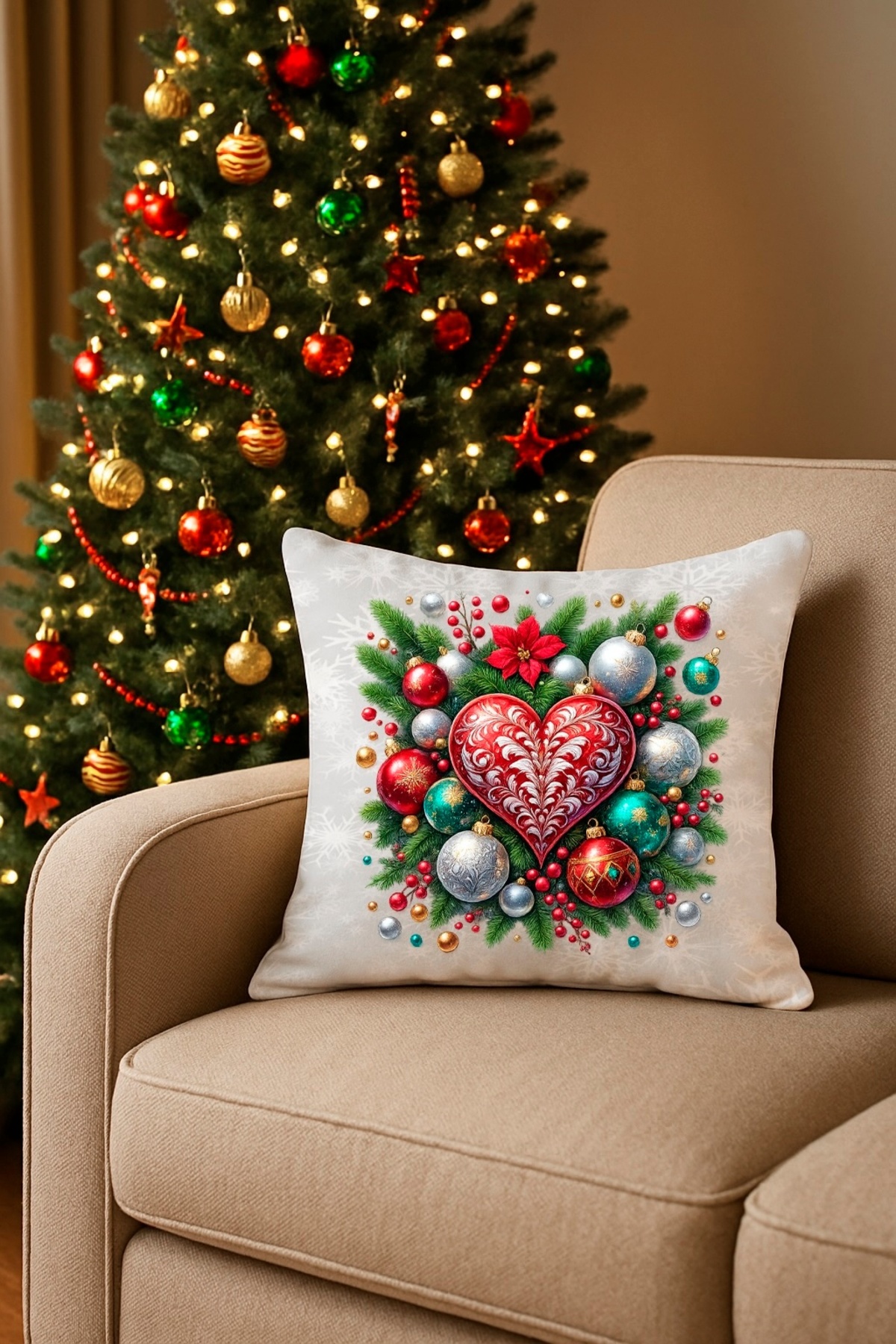 Dijital Baskılı Yılbaşı Kalp ve Noel Topları Dekoratif Kırlent Kılıfı