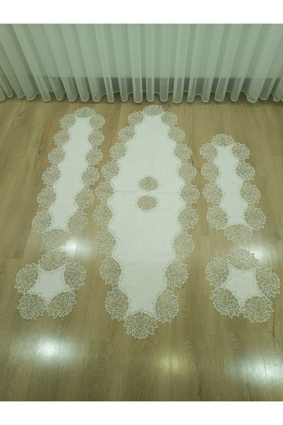 Salon Takımı 5 Parça Dantelli Masa Örtüsü Runner Seti Kadife