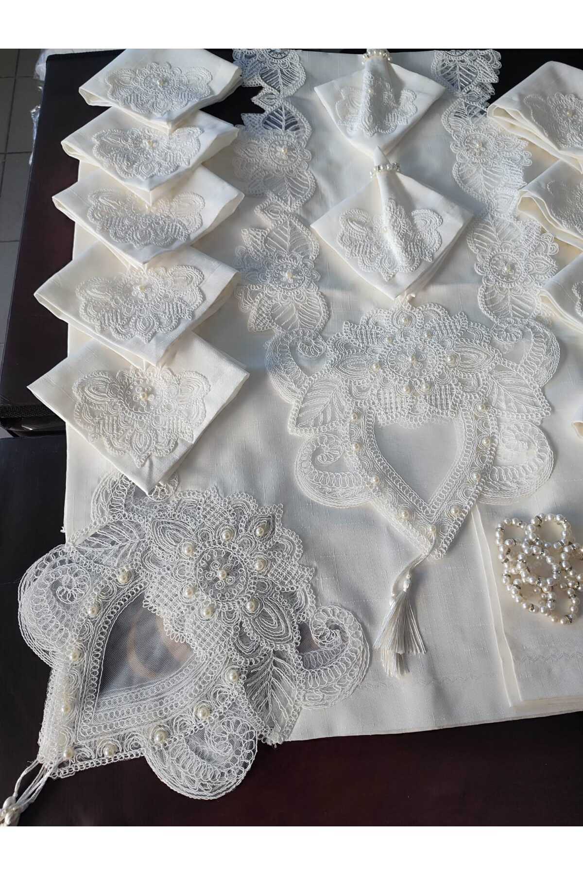 12 Kişilik Masa Örtüsü Takımı, Masa Seti 12 Kişilik 26 Parça 160x220cm Yarım Dantel