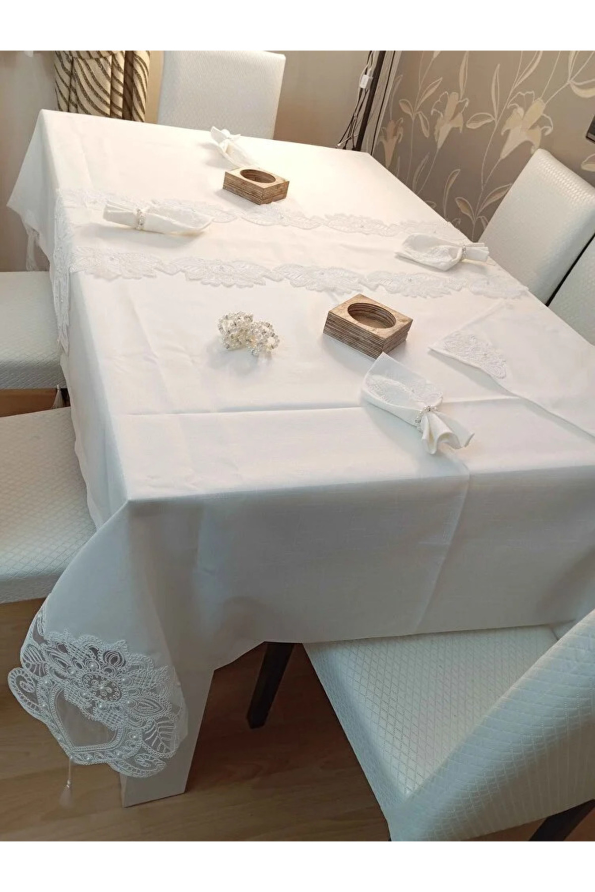 12 Kişilik Masa Örtüsü Takımı, Masa Seti 12 Kişilik 26 Parça 160x220cm Yarım Dantel