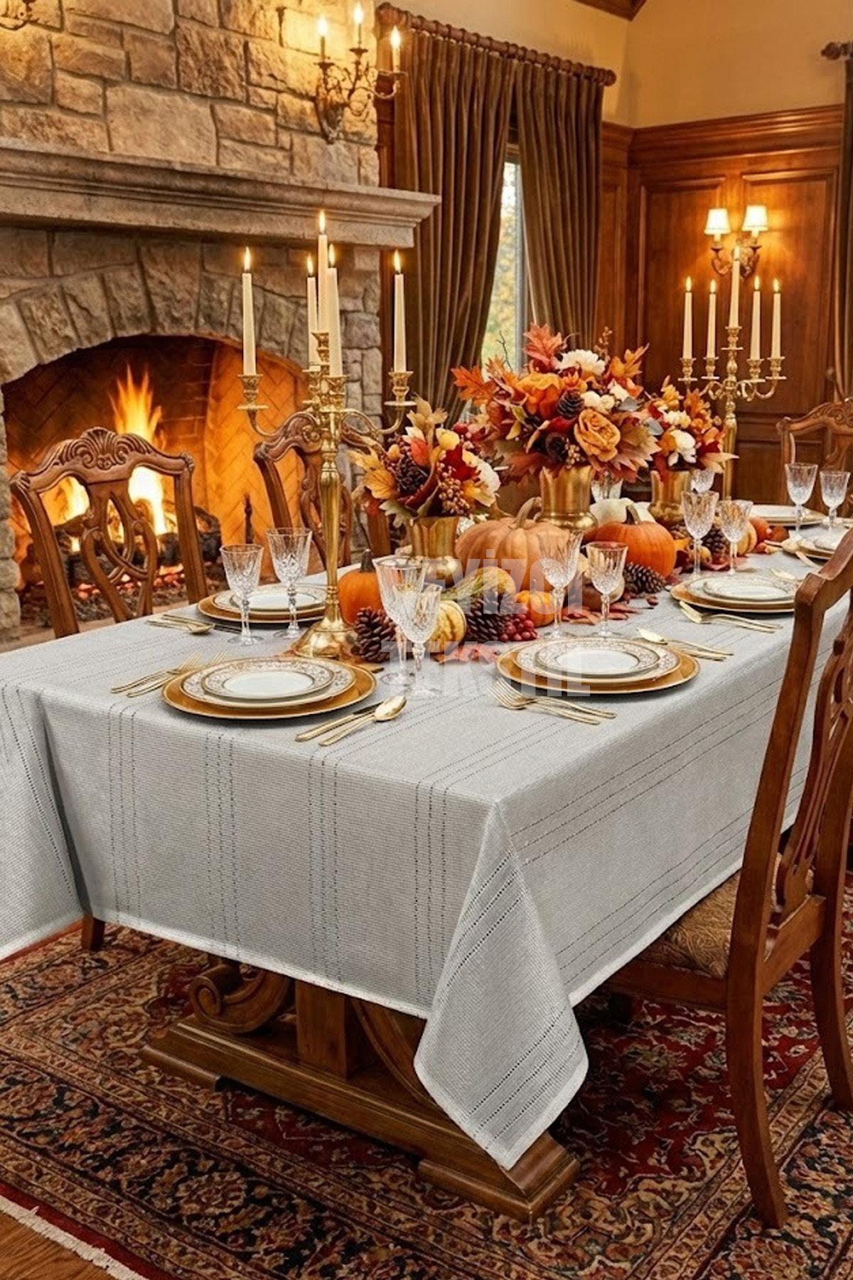 Çizgili Tek Masa Örtüsü Colber 120x160cm Gri Tablecloth