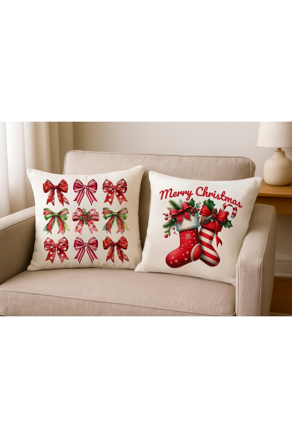 Dijital Baskılı Christmas Fiyonk Desenli Dekoratif Kırlent Kılıfı 43x43 cm