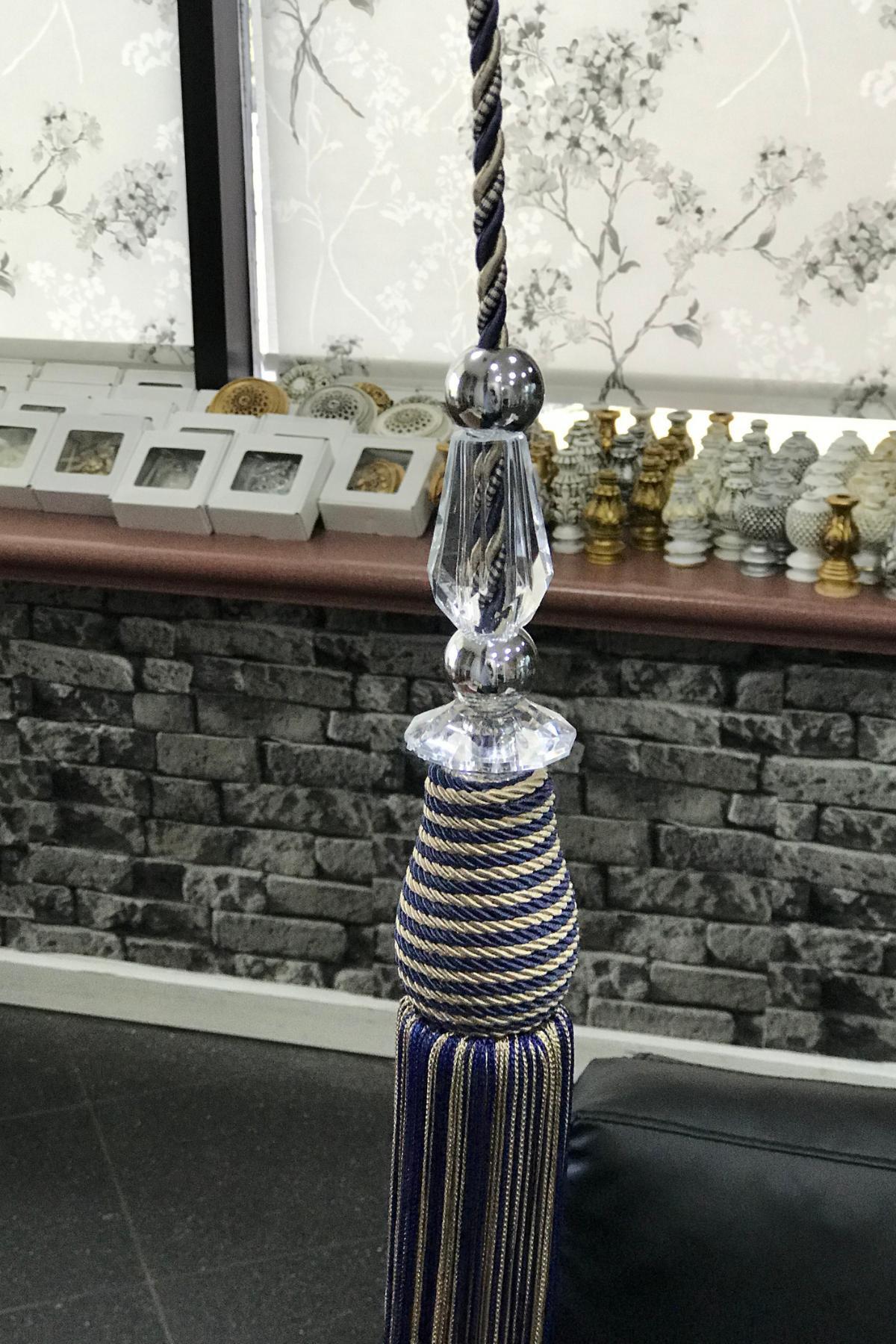Kristal Aksesuarlı Dekoratif Fon Perde Püskülü Lacivert Gold