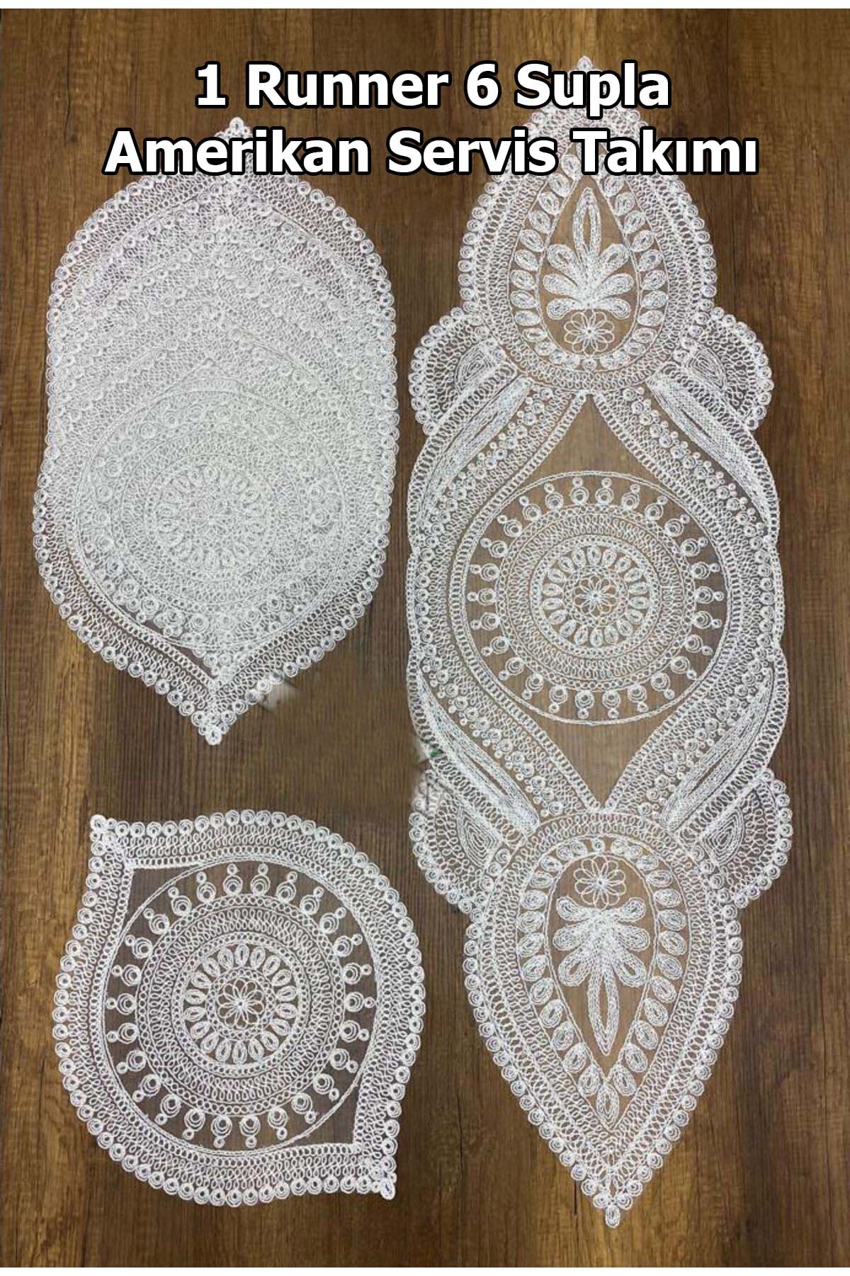 Supla Runner Seti Sunumluk Kordone Nakışlı Modern Amerikan Servis Takımı 6 Kişilik Set