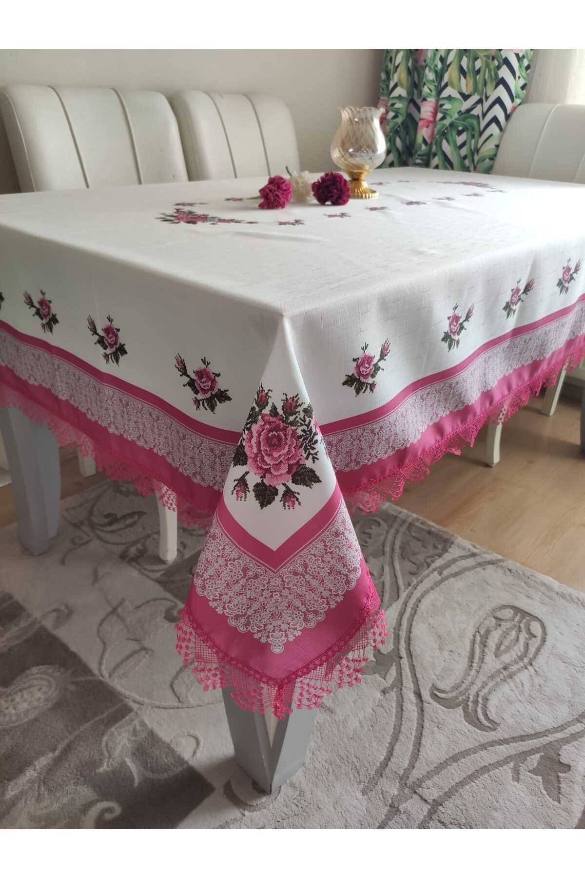 İğne Oyalı Dijital Baskılı Masa Örtüsü Renkli Dertsiz Masa Örtüsü 160x220cm Ölçü