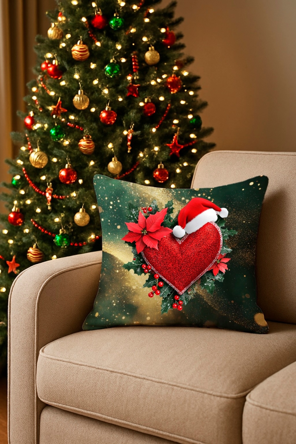 Dijital Baskılı Noel Şapkalı Kırmızı Kalp Dekoratif Kırlent Kılıfı